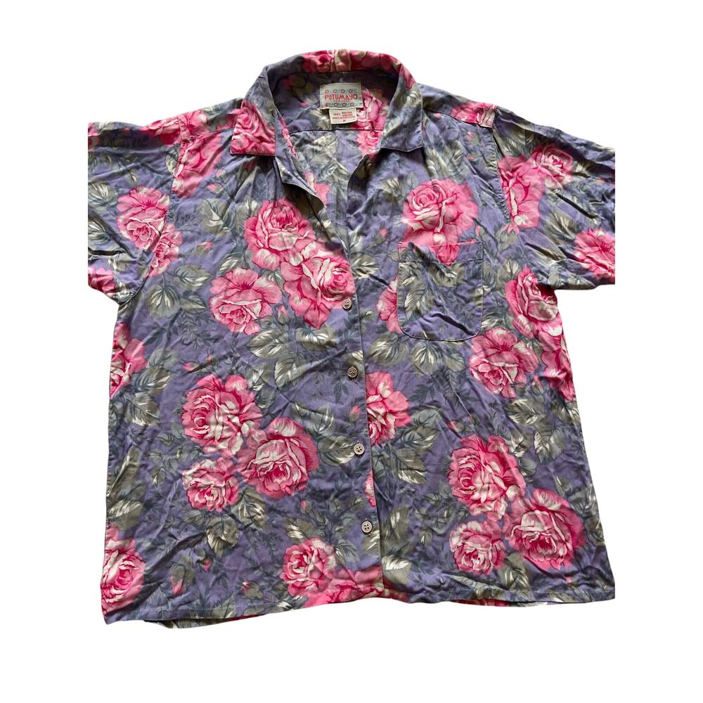Vtg 90s Putumayo Rayon Floral Camp Shirt Pink Roses Med granny core whimsigoth